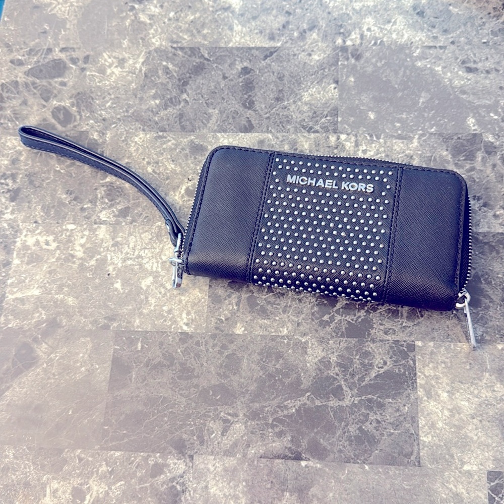 Michael Kors Black Saffiano Micro Stud Continental Wallet Wristlet